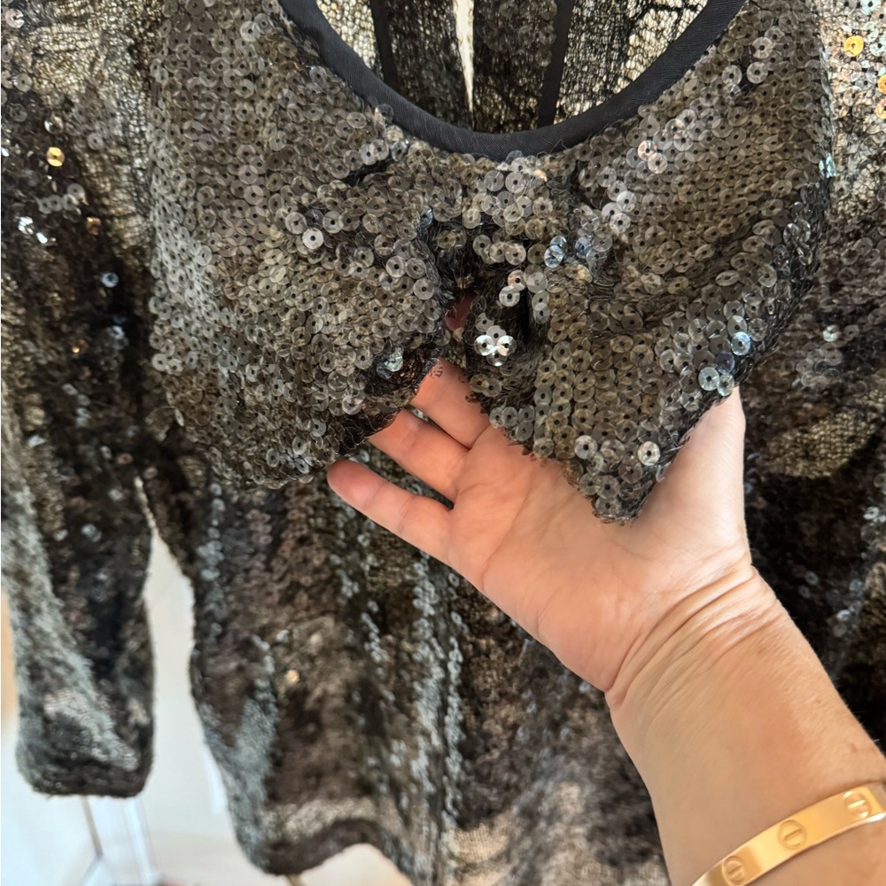 Louis Vuitton Gray/Black Sequin 3/4 Sleeve Blouse - Picture 2 of 8
